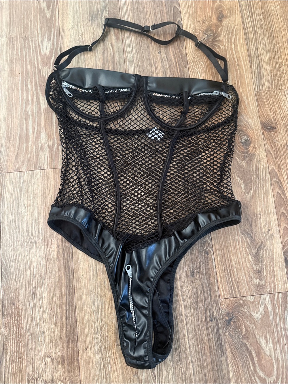 Black Fishnet Mesh Bodysuit with Faux Leather Trim